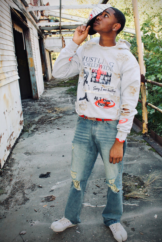 “Sorry I was Hustling” distressed hoodie